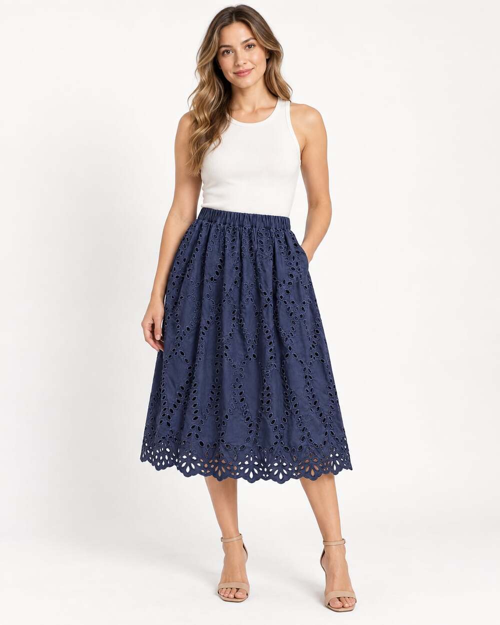 Frank & Eileen Eyelets Skirt Size M Navy Eyelet
